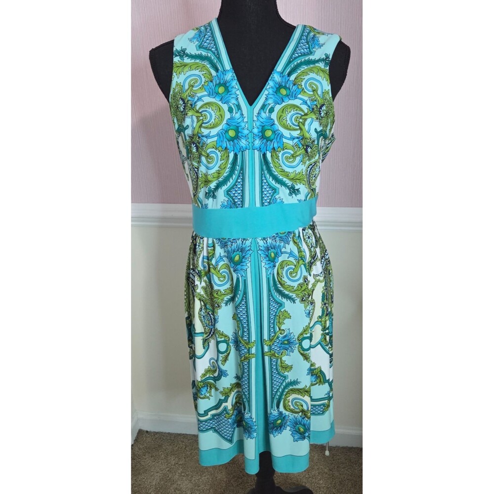 Sandra Darren Size 8 Aqua Blue Green Paisley Sleeveless Midi Dress V-Neck